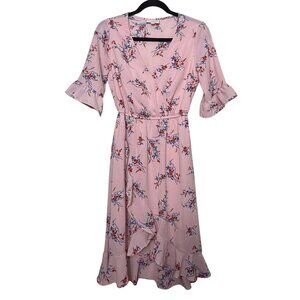 Studio B By Bobeau Pink Floral Ruffle Midi Dress W/ Elastic Waist & V-Neck Sz S